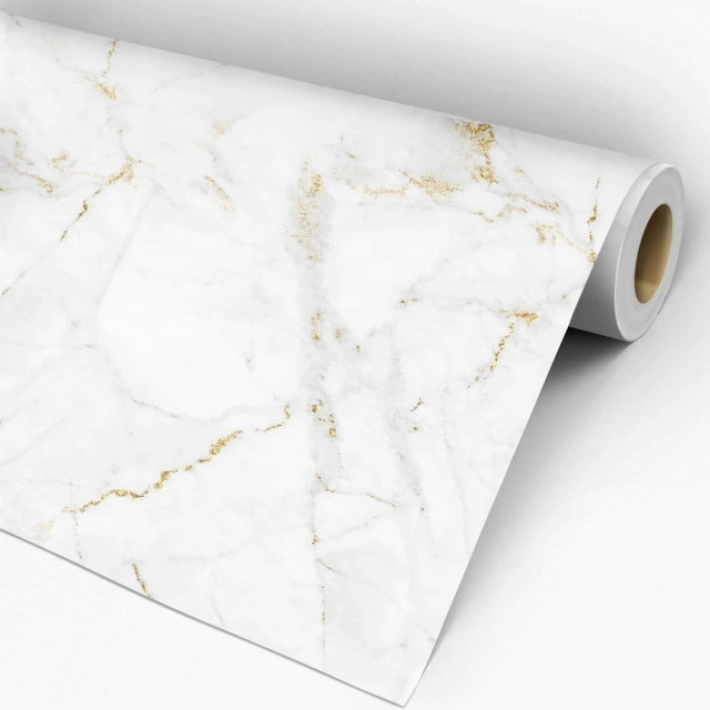 Papel de Parede Adesivo Marmorizado Branco e Dourado Lavável