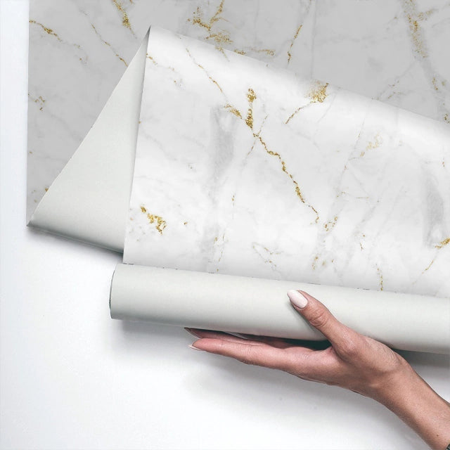 Papel de Parede Adesivo Marmorizado Branco e Dourado Lavável